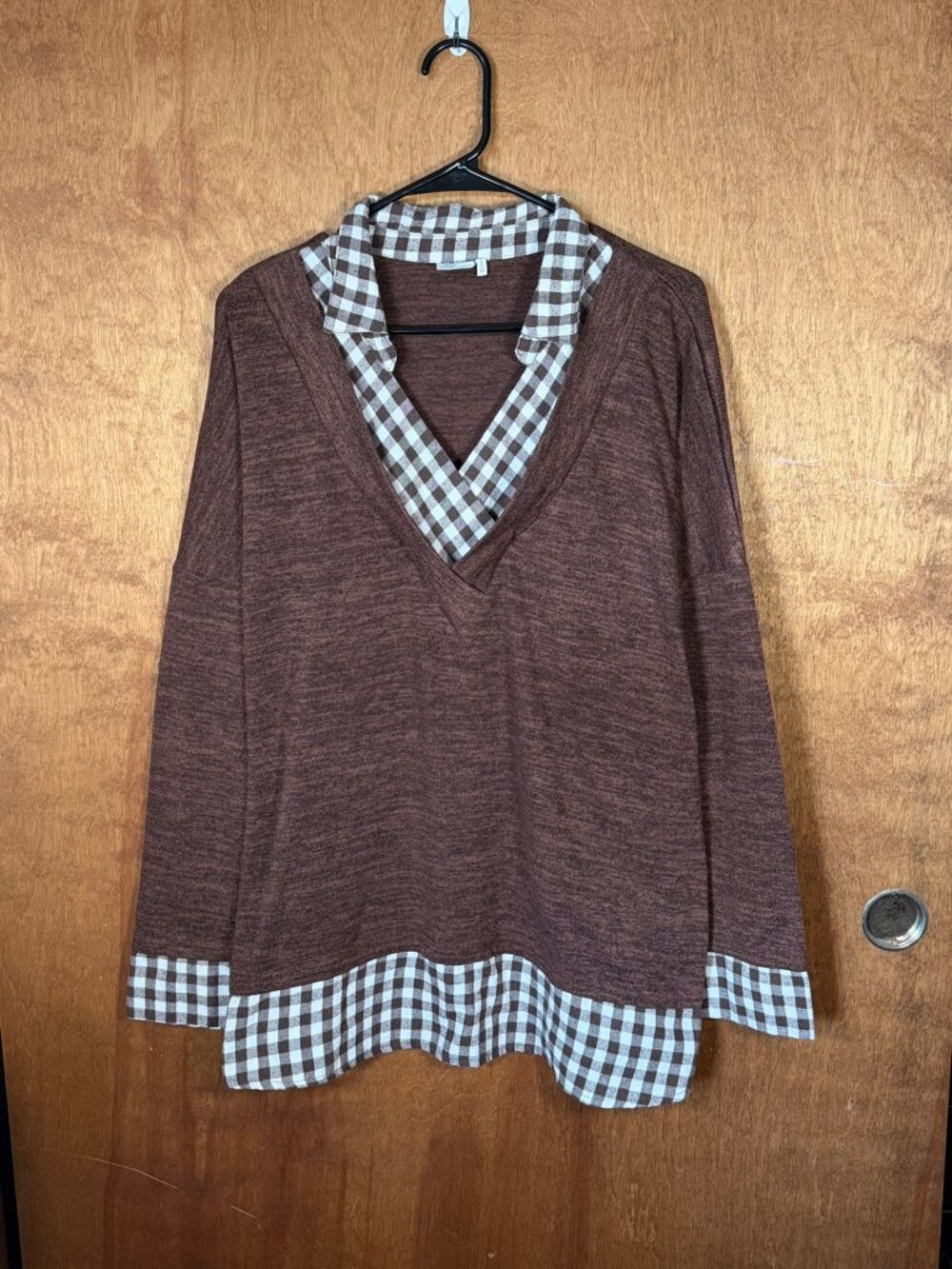 Brown Gingham V-Neck Layered Sweater